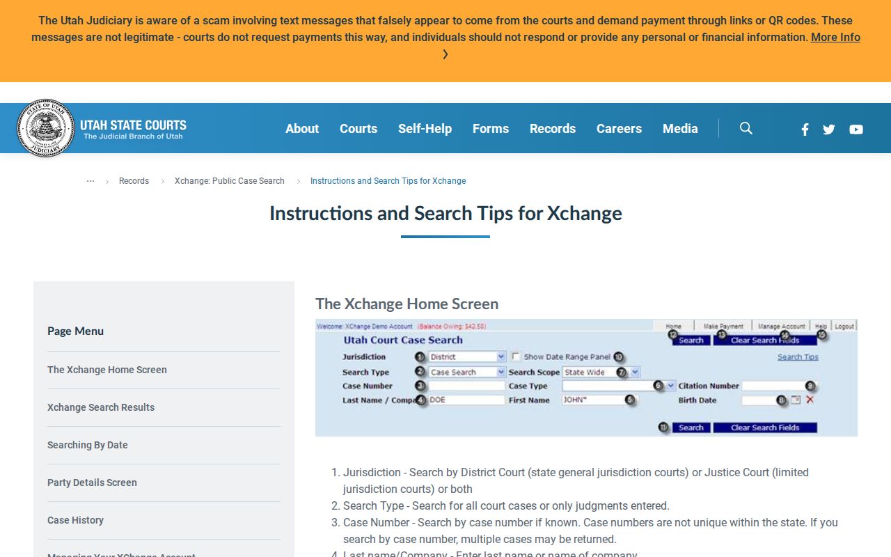 Utah Xchange search fields for Murray court records