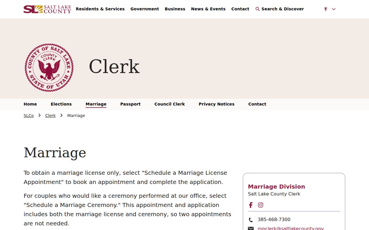 Salt Lake County marriage records route for a Murray resident search