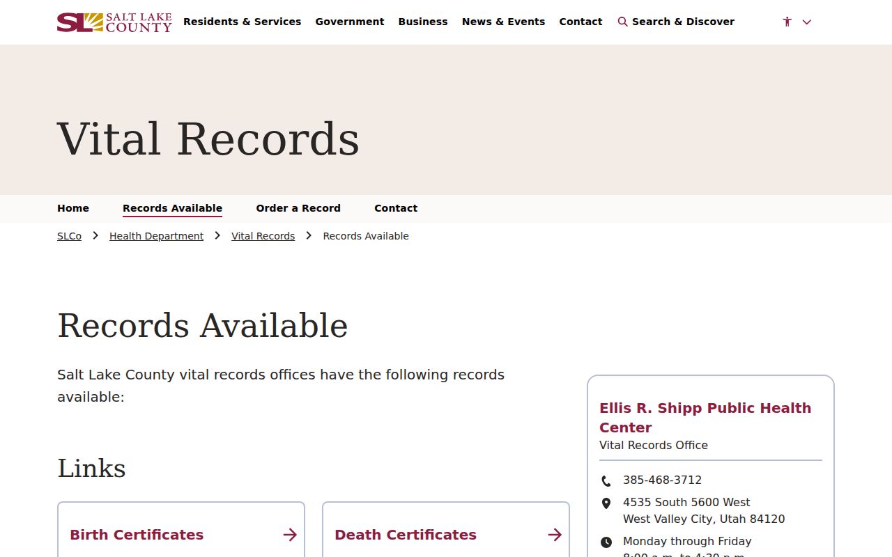 Salt Lake County Murray vital records access page